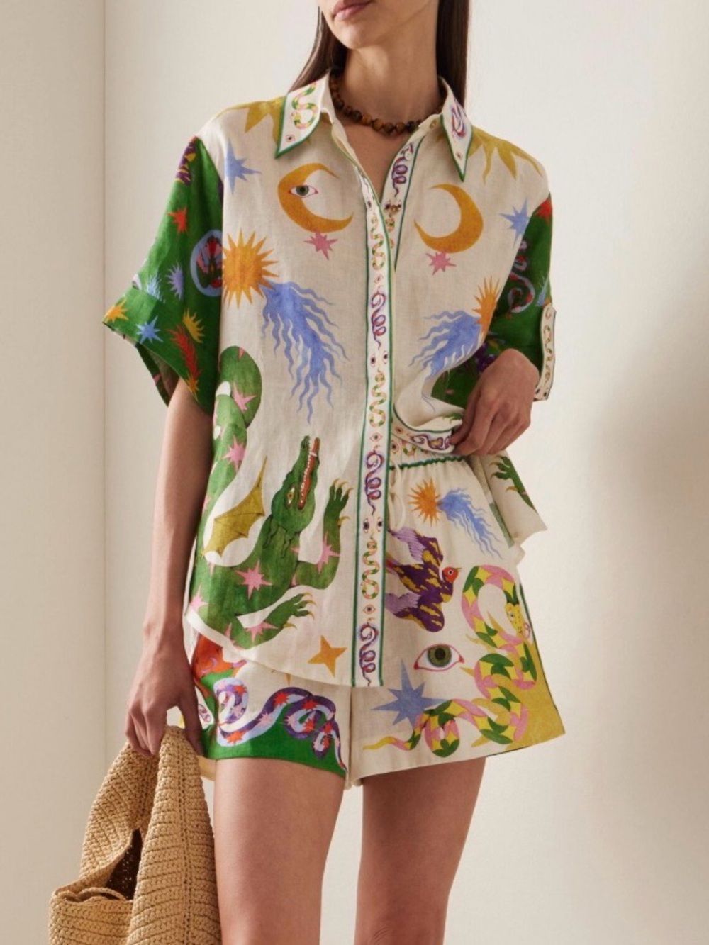 Alemais Linen Printed Short-Sleeve Button-Up Shirt and Shorts Matching Set